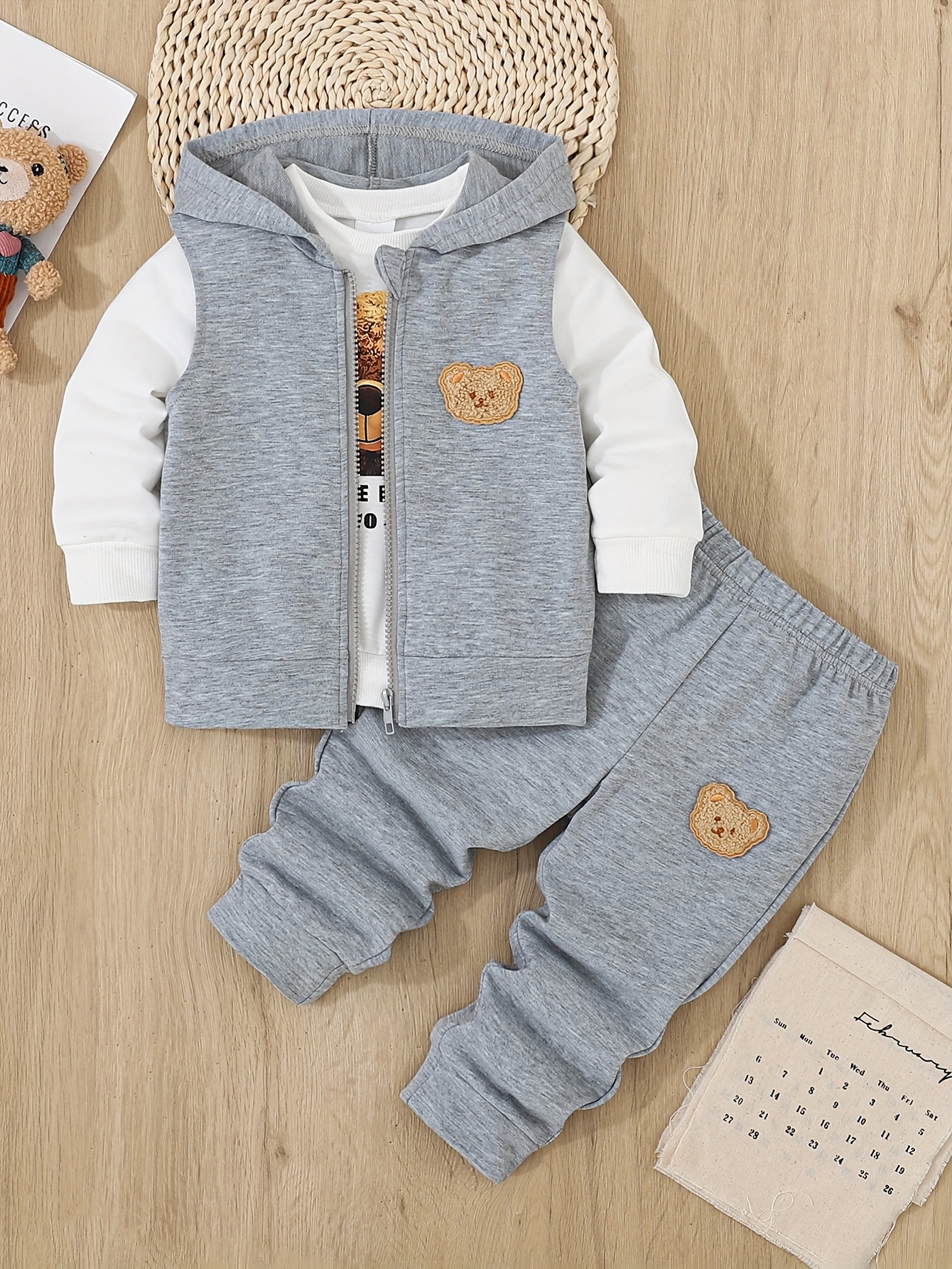 A 3pcs Set for Baby Boys Featuring a Hoodie with Bear And a Vest - Casual Sportswear with Zipper Details, Machine Washable - Perfect for Spring And Autumn, Ideal for Outdoor Activities. - Image 3