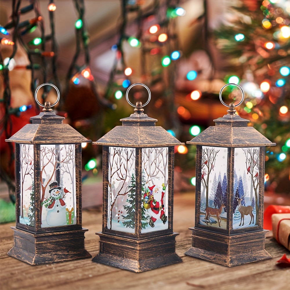 TEMU Lot de 3 lanternes de Noël à LED flamme avec festifs Père Noël, de neige et - Lumières décoratives d'intérieur à piles pour décoration de fêtes,