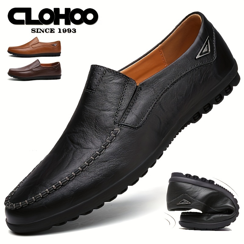 

Plus Size Men's Solid Colour Split Leather Slip On Loafer Shoes, Comfy Non Slip Rubber Sole Dress Shoes, Men's Footwear