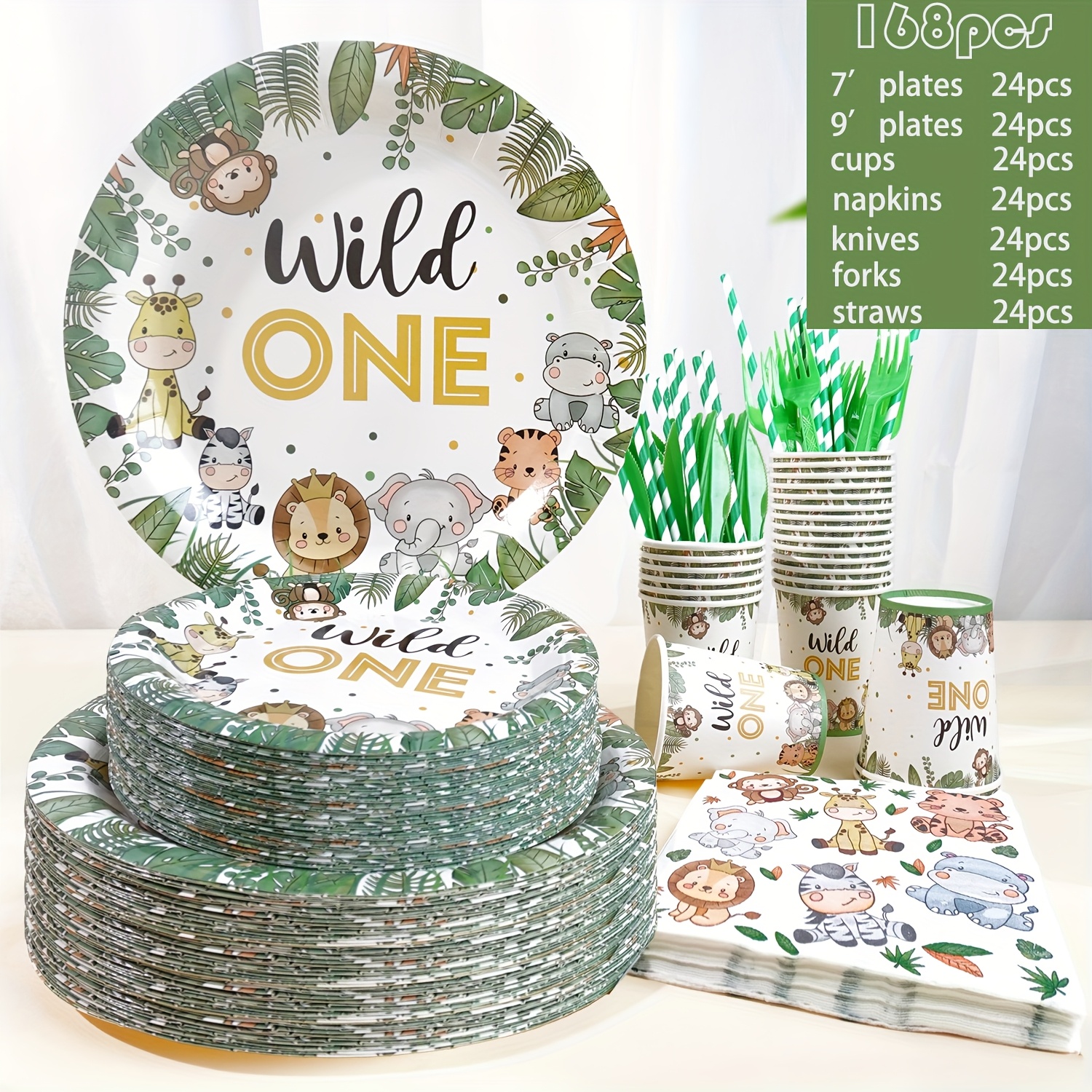 TEMU 146pcs/168pcs Wild 1 Wildlife Theme Party Supplies | Disposable Tableware Set | 24-person Tableware Set | Birthday/ Celebration
