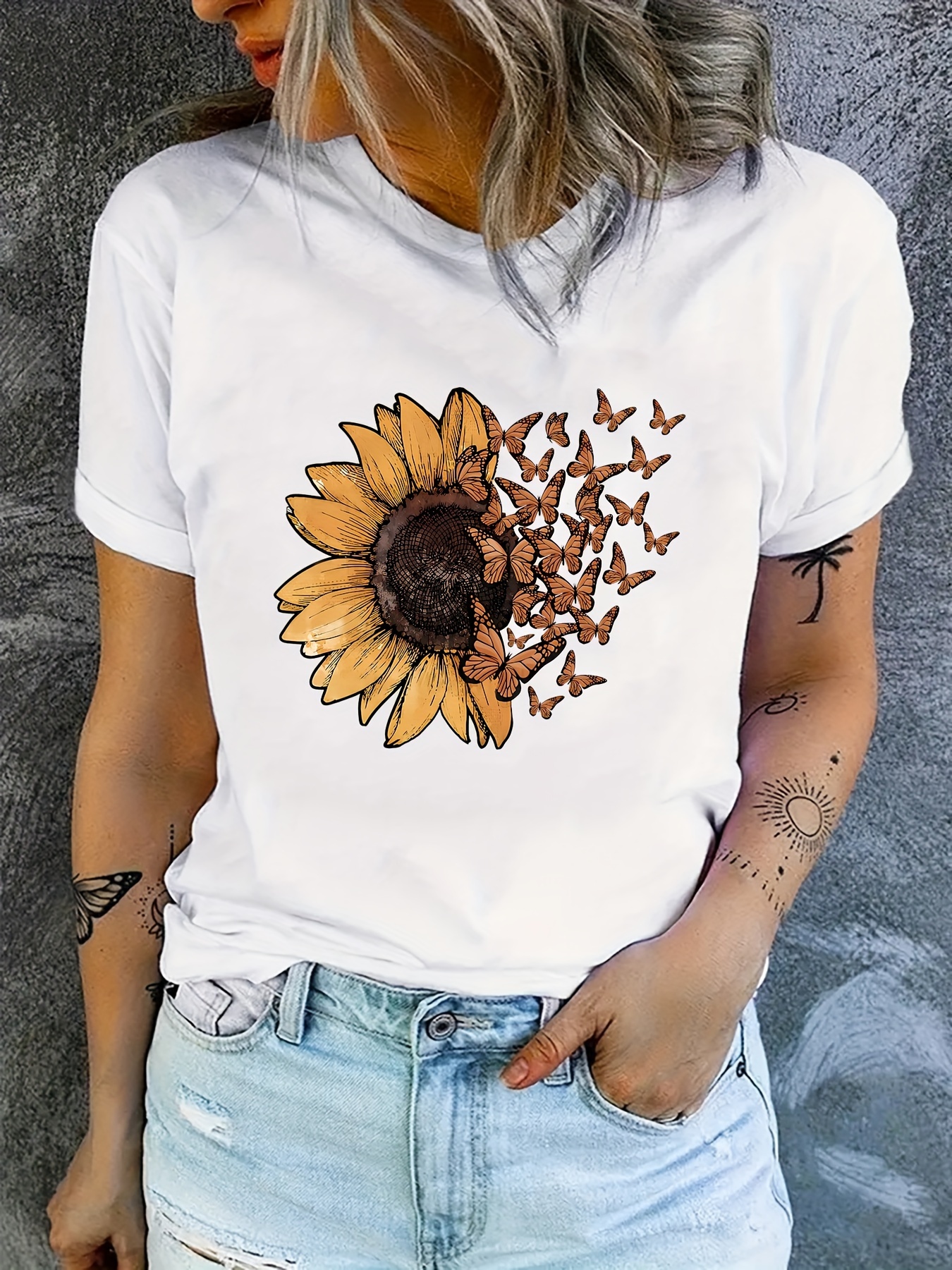 Sunflower Butterflies Print T Shirt Short Sleeve Crew Neck Temu Australia 1685