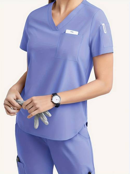 womens light purple v neck scrub top short sleeve work shirt with chest left arm pockets multi for healthcare professionals machine washable dental fun scrub for nurses uniform practical workwear uniform workers