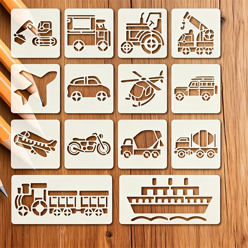 Image of 14pcs Planes, Ships, Trains, Trucks, Cars And Vehicles Painting Stencil Set, -drawing, , Tracing, Colouring, Spraying, Graffiti, Durable, Easy To Clean, Reusable Stencils