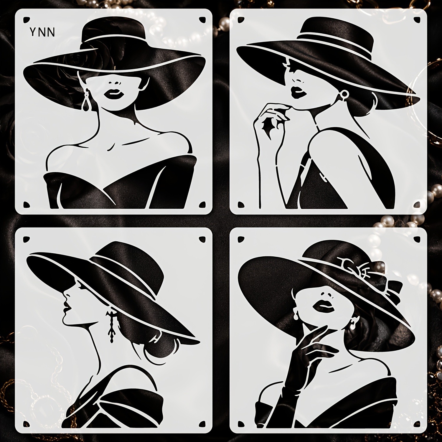 TEMU 4pcs Set Of Light Luxury French Hat Women's Hollow Templates, 4 Styles Of Different Postures Fashionable Elegant Women, Wide Brim Sun Hat Retro