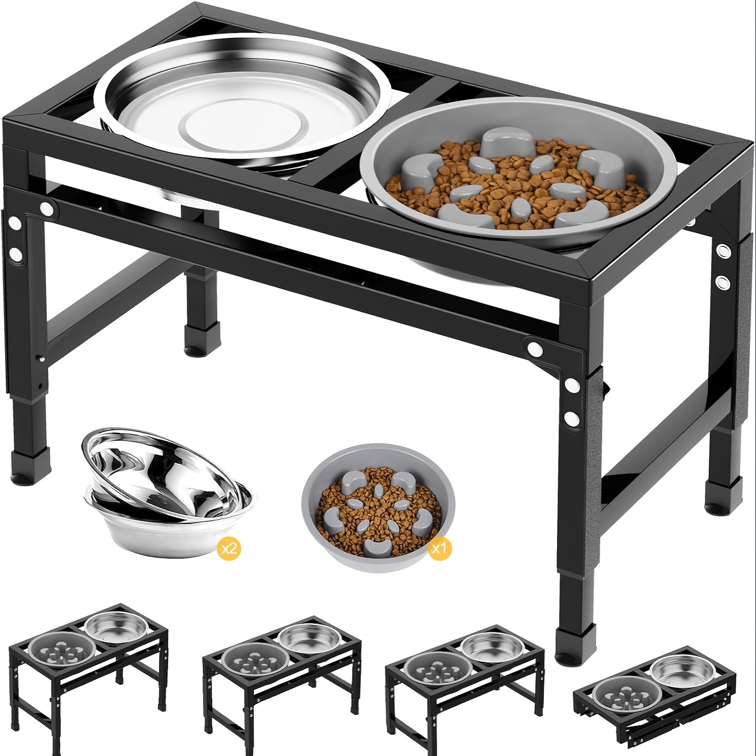 

Adjustable Height Metal Dog Bowl Stand With 2 Stainless Steel Bowls & Slow Feeder - Ideal For Medium To Large Breeds