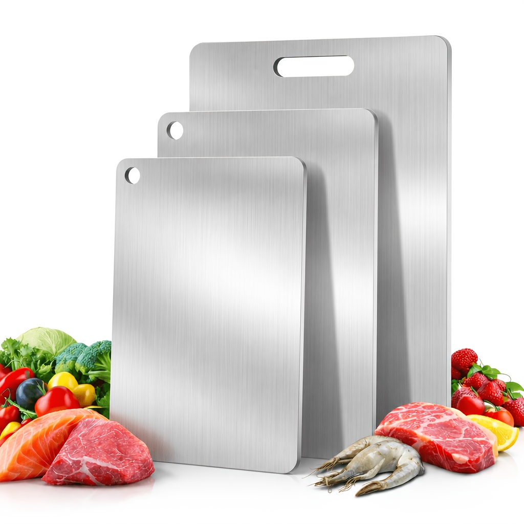 3pcs Stainless Steel Cutting Board Set, Portable Design, Durable, Easy To Clean, Can Contact Food, Suitable For Cutting Fruits, Vegetables, Meat , Multiple Sizes For Home And Camping Use