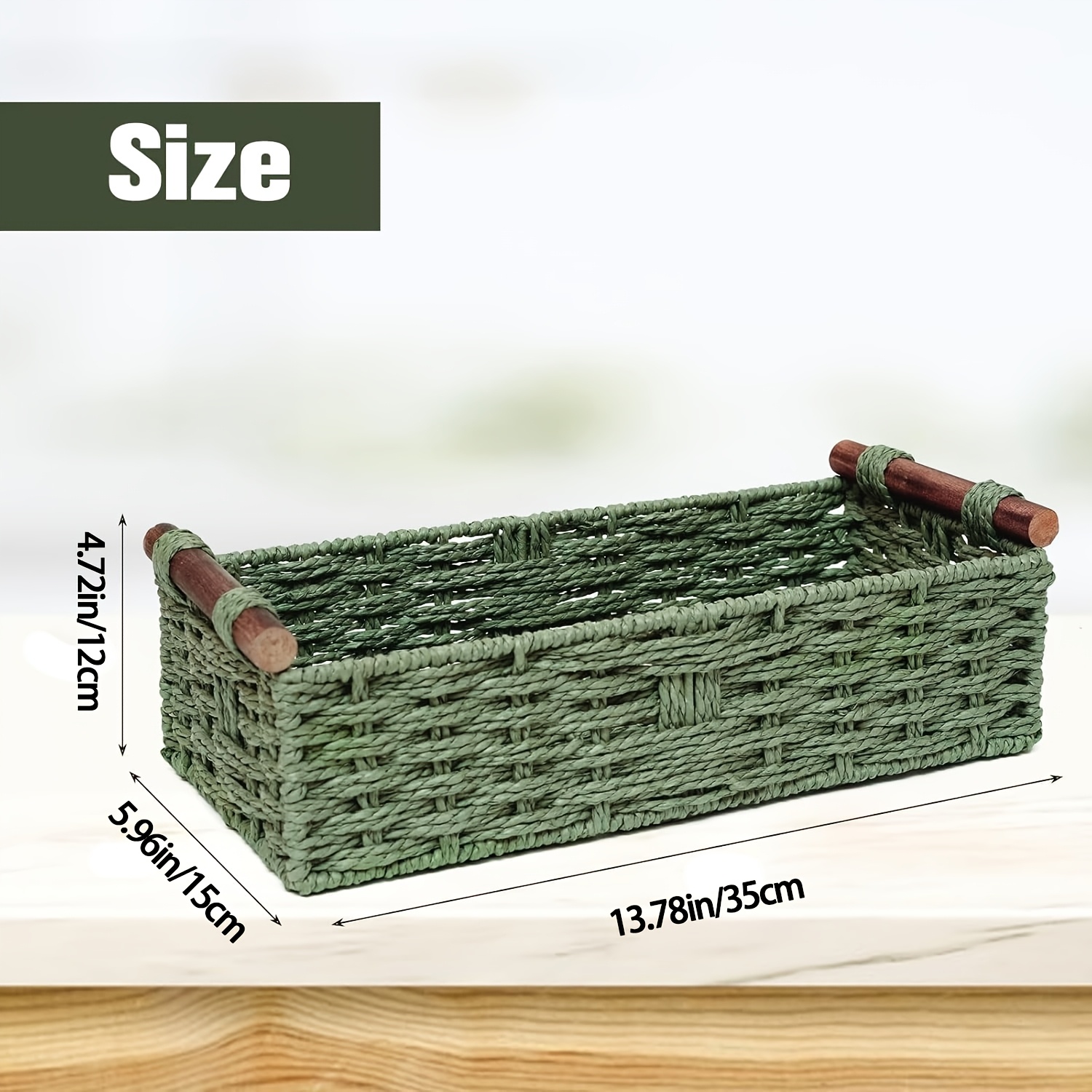 Image of 1pc Round Paper Rope Storage Basket Wicker Baskets For Organizing With Handle Decorative Storage Bins For Countertop Toilet Paper Basket For Toilet Tank Top Small Baskets, Green, Shelf Baskets