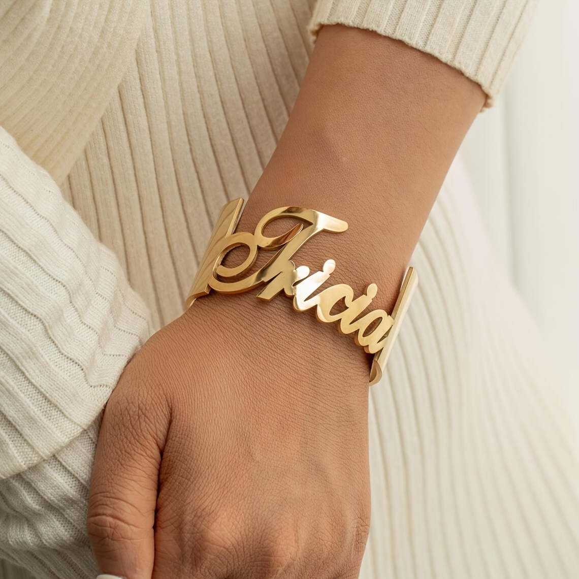 

Personalized Name Cuff In Stainless Steel With 18k Golden Plating, Elegant & Urban Fashion Style, Customizable Hip Hop Adjustable Cuff For Women, Ideal For Daily And Party Wear