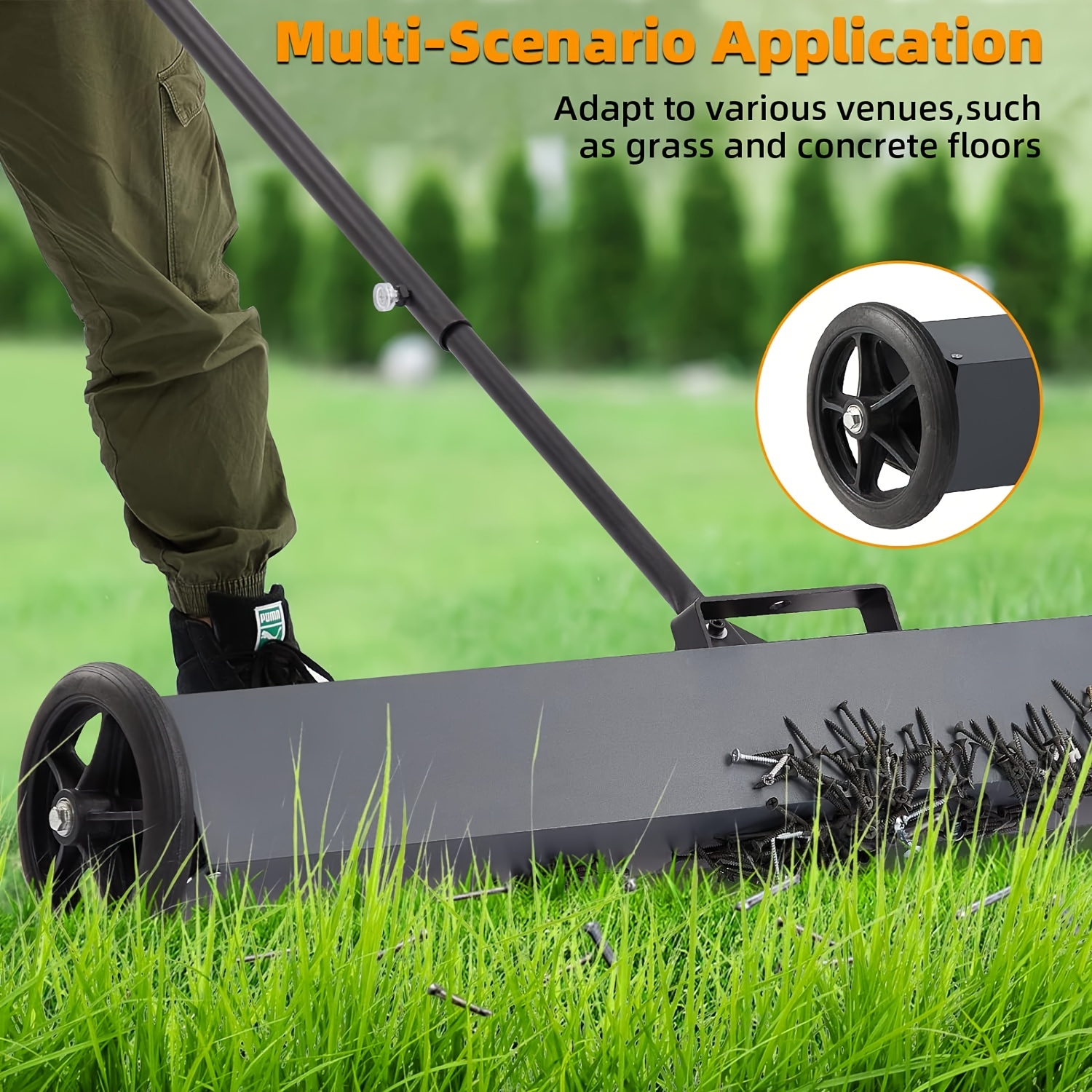 

36 Inch Rolling Magnetic Pick-up Sweeper, 50-lbs Capacity With Quick Release & Adjustable Long Handle, Heavy Duty 36 Inches, Magnet Pick-up Lawn Sweeper Roofing Tools For Construction, Shop