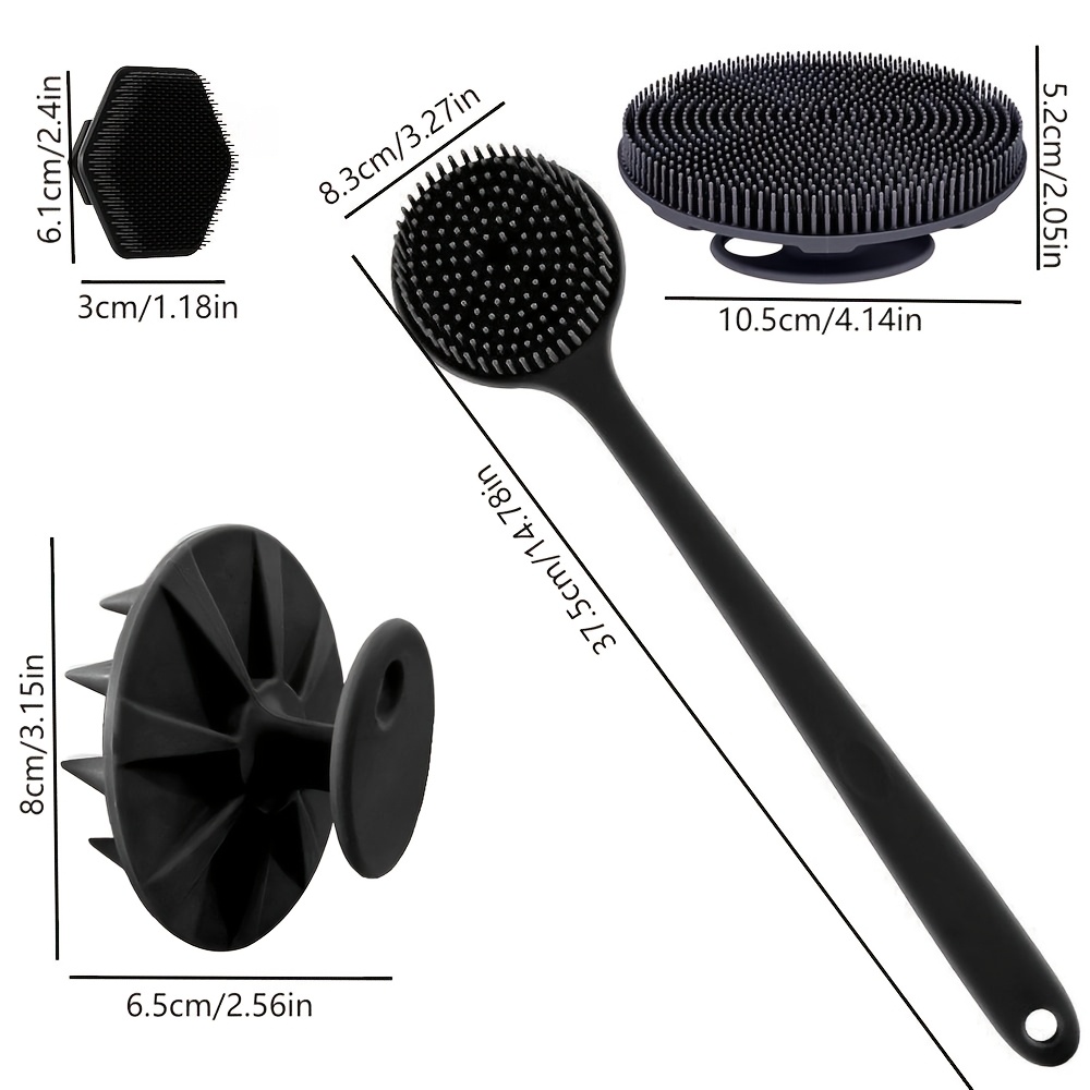 4pcs Body Brush Set - 1pc Long Handle Back Scrubber, 1pc Short Bath Brush, 1pc Shampoo Brush And 1pc Face Brush, Non-Electric Handheld Body Face Brush, with Non-Slip Grip, Strong Cleaning Power, Soft Bristles