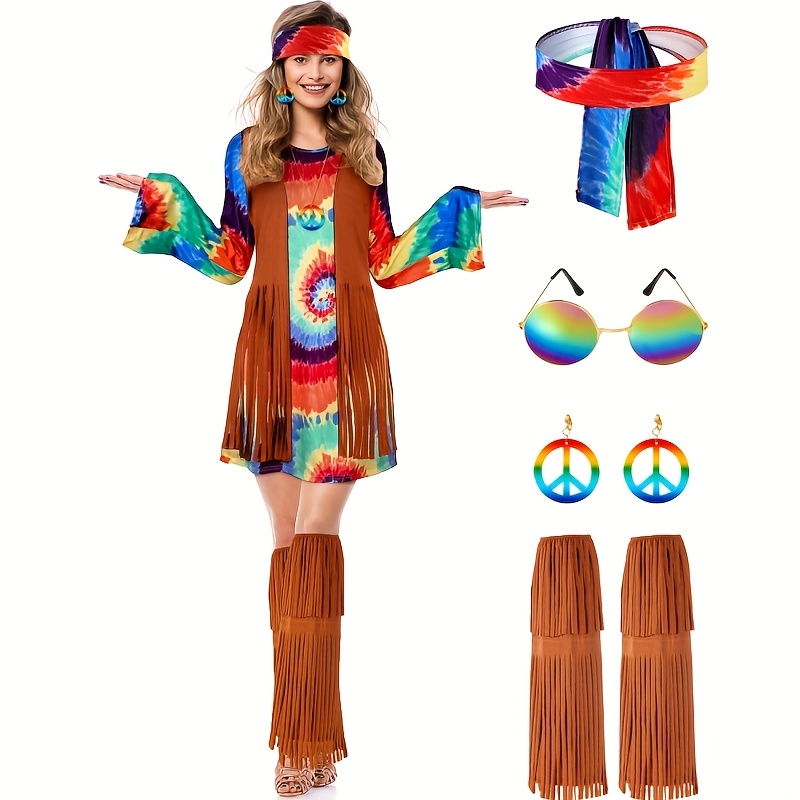 TOSZOLY Disfraz Hippie Para Mujer – Conjunto Completo De Los Años 60-70 Con Capa, Leggings Con Borlas, Bolso Y 10 Accesorios, Ideal Para Fiestas Y Halloween