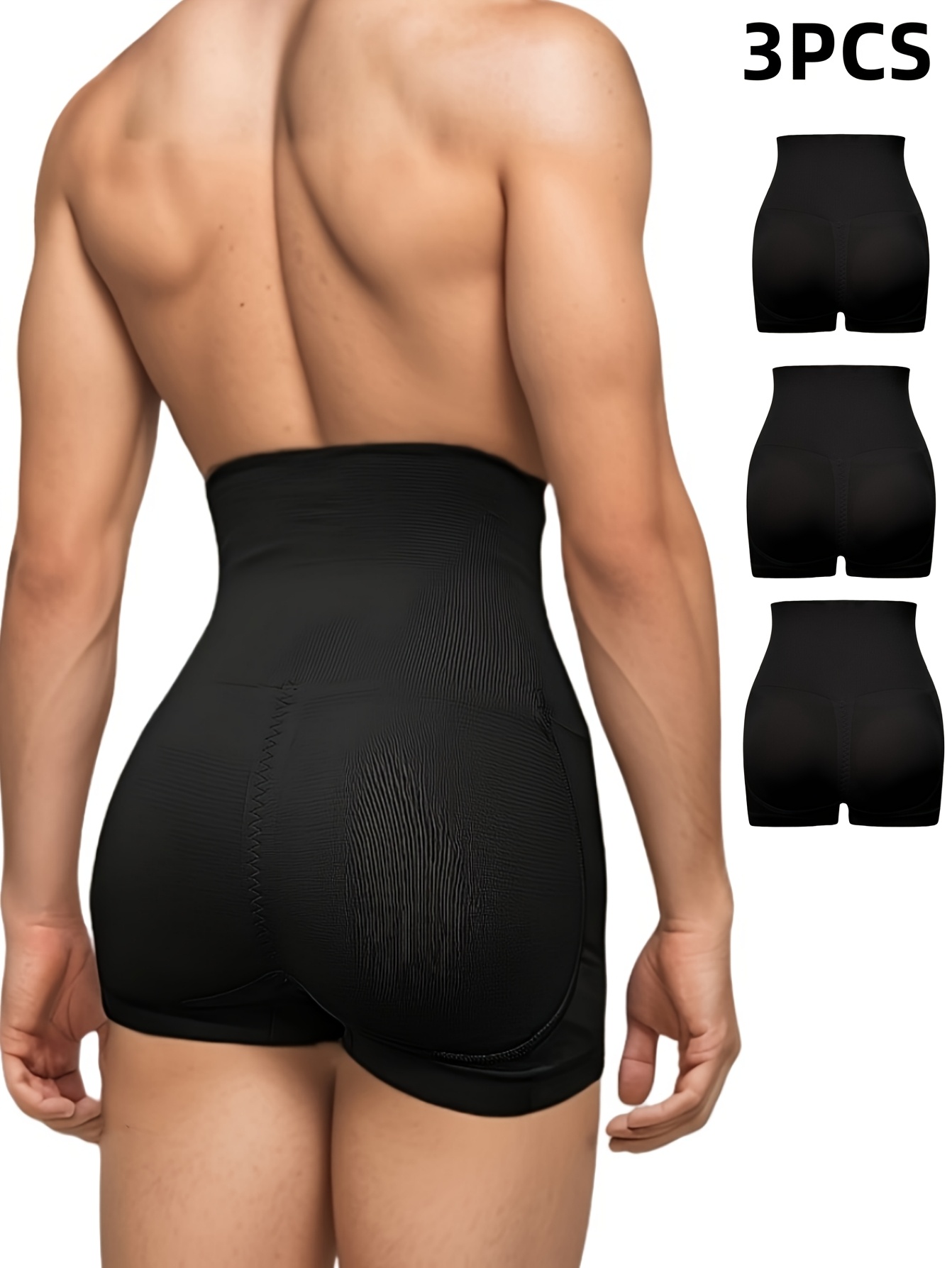 3-Pack Men'S High-Waisted Shapewear Underwear, Polyamide 90% Elastane 10%, Solid Color Knit Fabric, Regular Fit Shorts Style, Medium Stretch Basic Briefs