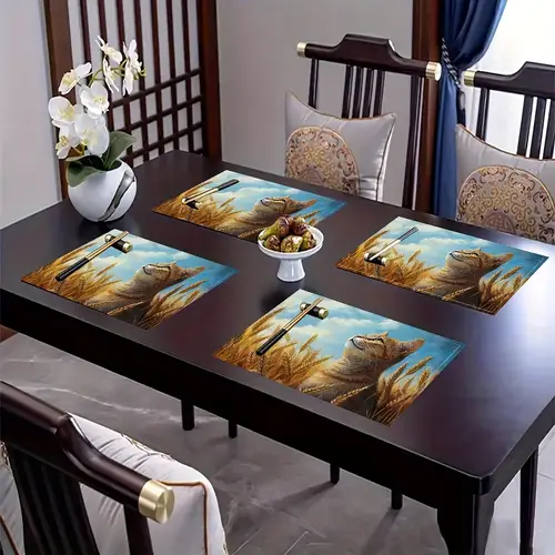 4pcs wheat field cat placemats fashion print pattern table mat for dining table kitchen party indoor holiday dinner parties and home decor table mats 12x18 inch cpd6740