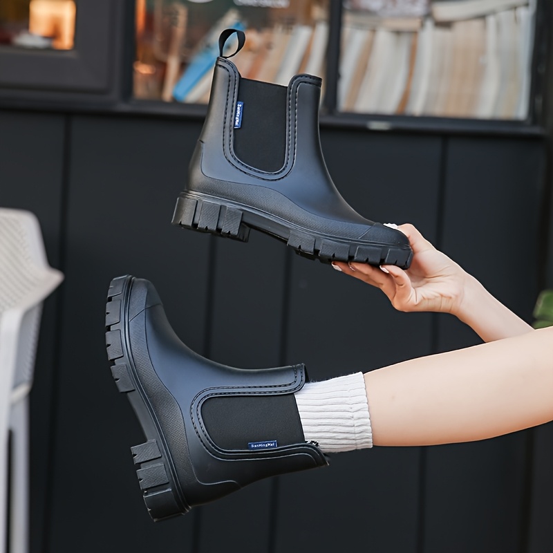 TEMU 2026 Round-toe Stretch Chelsea Short Rain Boots For Women, Solid Color High Quality Plastic Outdoor Commuting Anti-slip Rain Shoes