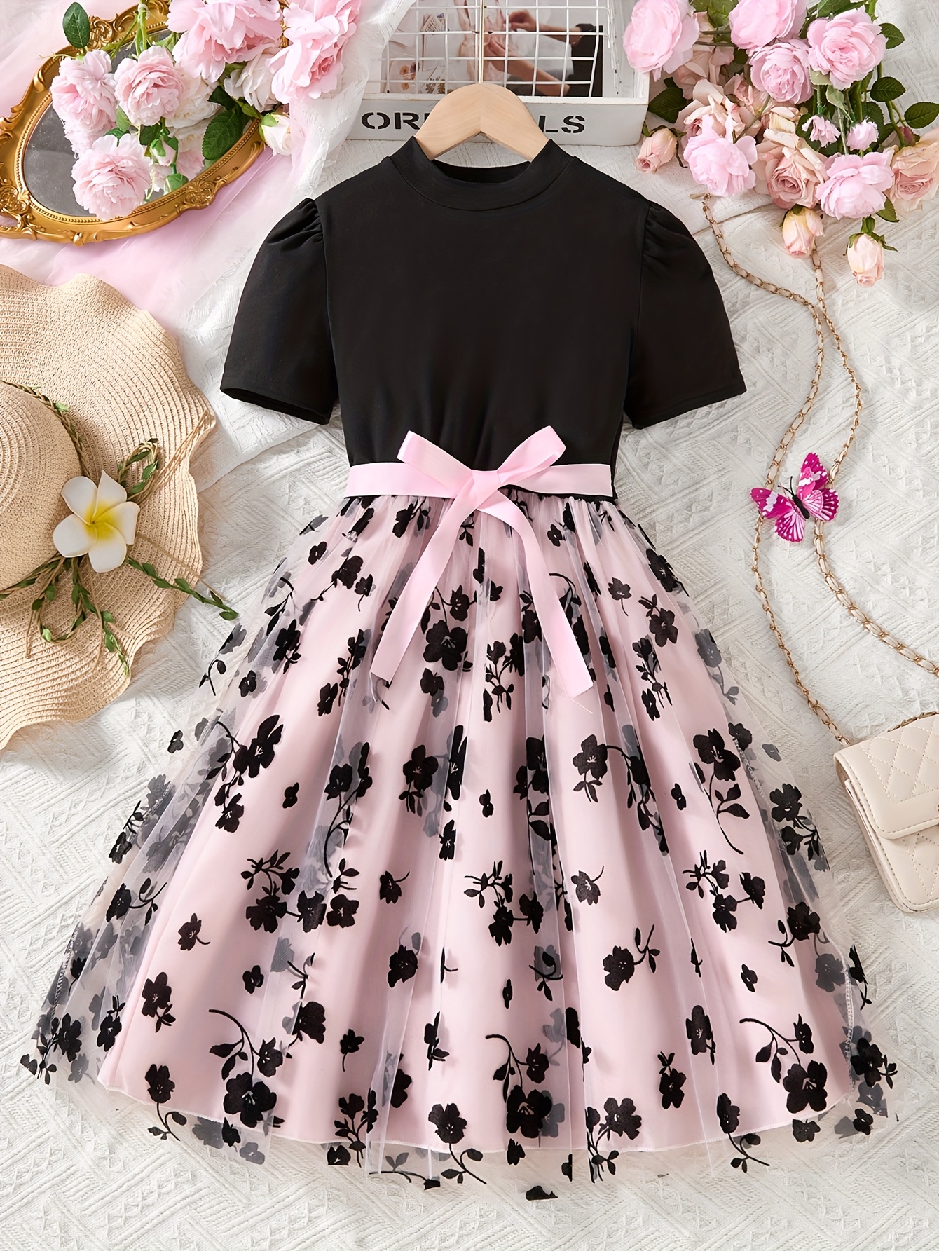 pink and black casual dress Pink A-line Strapless Black Top Floral Appliques Long Prom Dress Pink / US 6