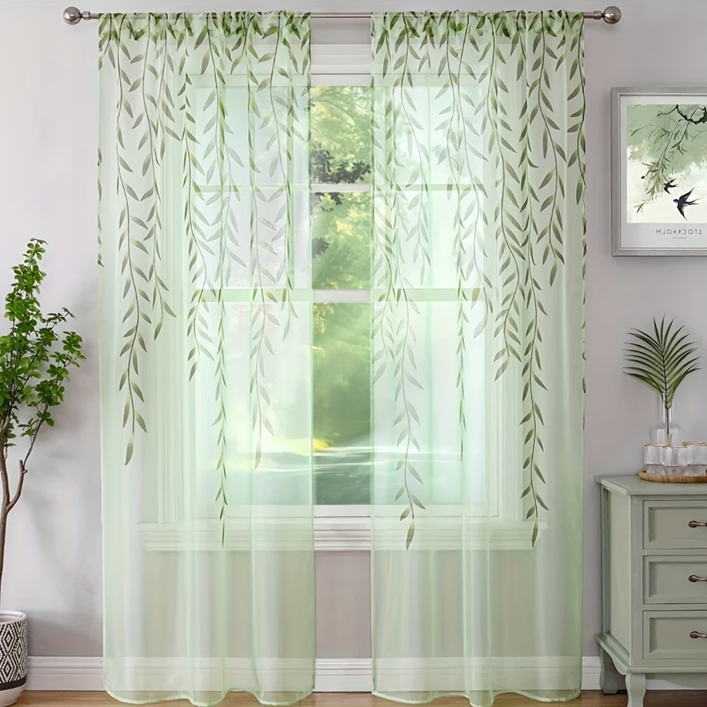 

2 Pieces Willow Leaf Window Curtain Voile Tulle Room Leaf Sheer Vine Curtain Voile Panel Drapes Curtain Willow Leaf Curtain For Living Room, Bedroom, Balcony