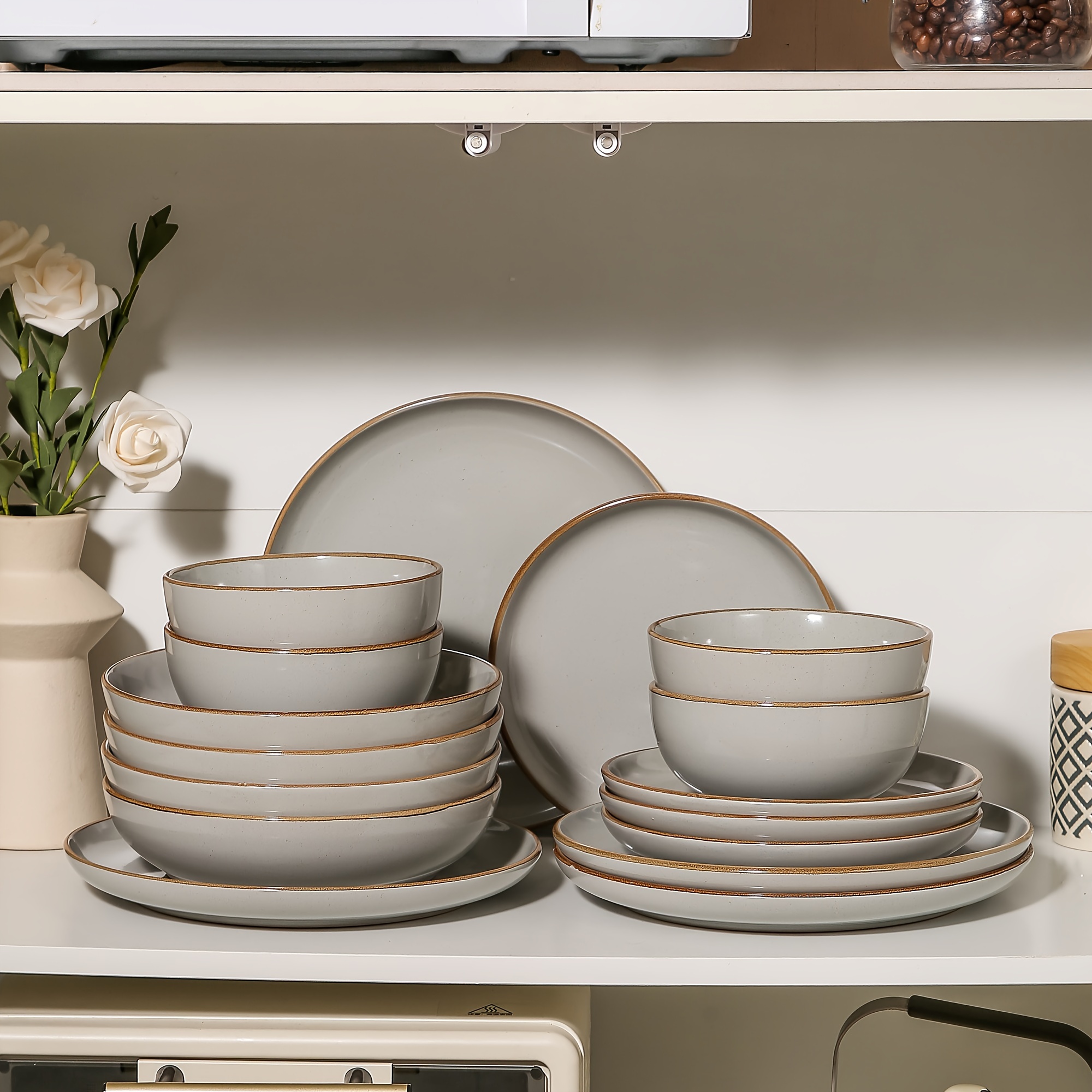TEMU 16pcs Tableware Collection, Featuring Green Plates And Bowls, Includes Dinner Plates, Salad Plates, Pasta Bowls, And Cereal Bowls For 4 People