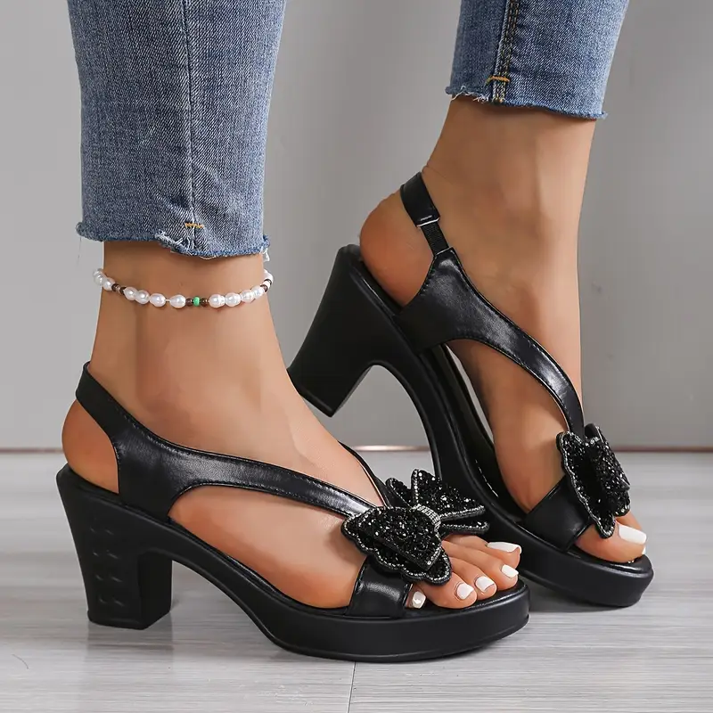 womens elegant bow block heel sandals slip on open toe summer shoes with comfortable pu cover rubber sole breathable high heels for weddings parties vacations black white high heel sandals wedding guest shoes durable traction footwear evening sandals lightweight heels strappy heels party wear 4