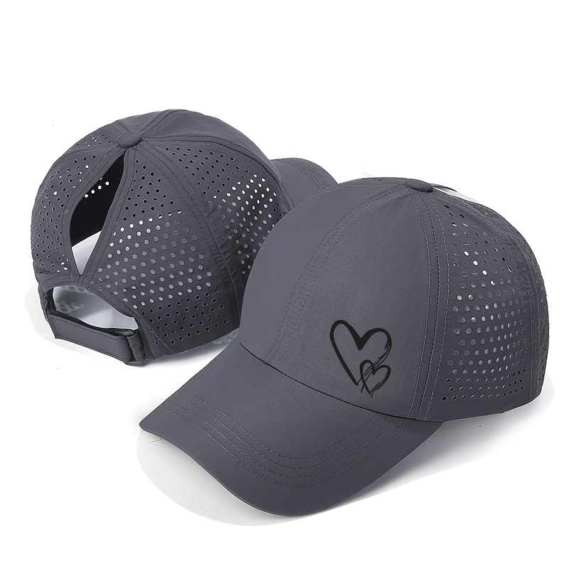 TEMU Women's Quick-dry Ponytail Hat With Heart Print - Lightweight Fit Suitable For Outdoor Sports, Gym, Swimming, Ponytail-compatible For - Use,