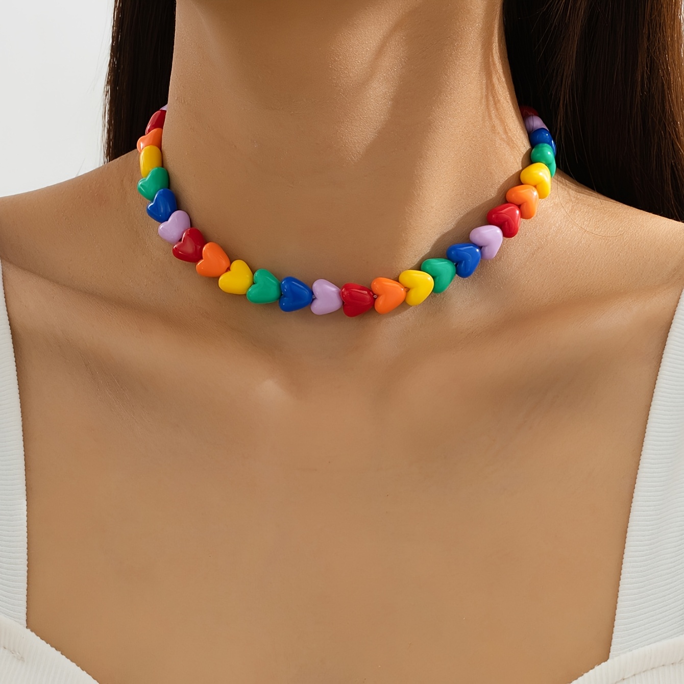 Image of 1 Candy-colored Heart Bead Necklace. Fashionable And Sweet Multi-colored Heart Pendant Collarbone Chain, Women's Accessory