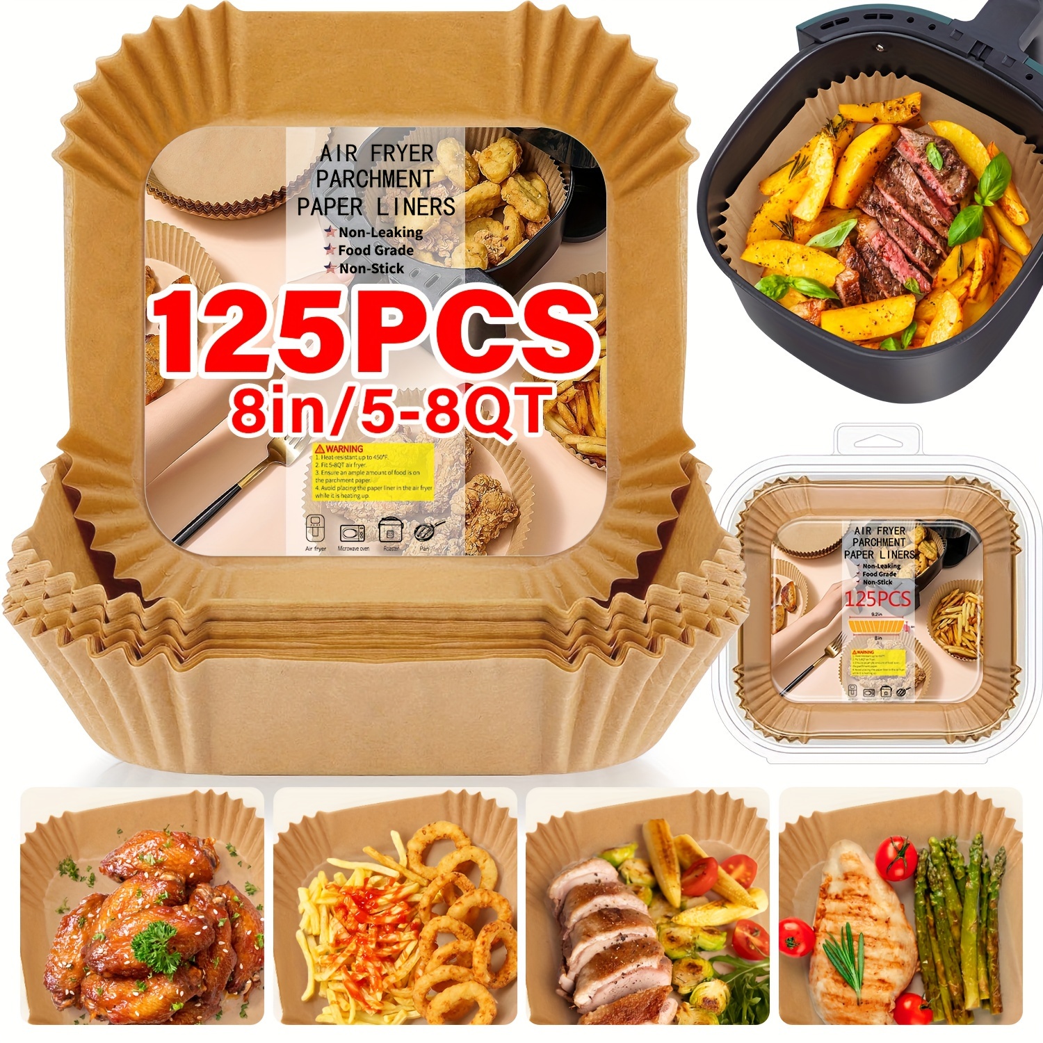 

125pcs Air Fryer Disposable Paper Liners, 8-5qt Air Fryer Unbleached Nonstick Parchment Liners, Square Air Fryer Liners, Oil Resistant. Liners Are Holidays As Christmas, Easter And Thanksgiving.