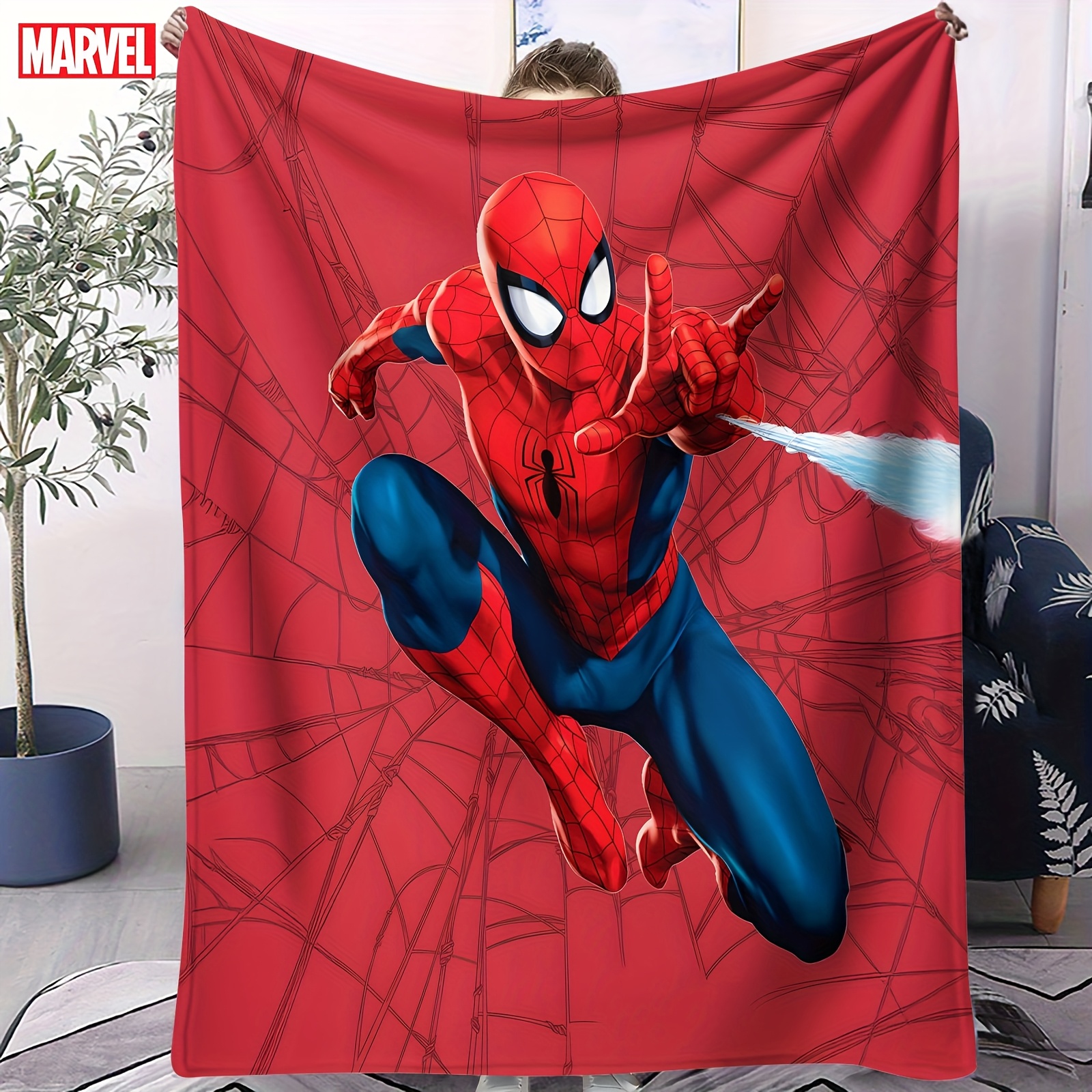 

1pc Marvel Spider-man Action Fleece Blanket - Soft, Lightweight & Warm | Machine Washable, For Sofa & Bed | Vibrant Red With Iconic Spider-man Design