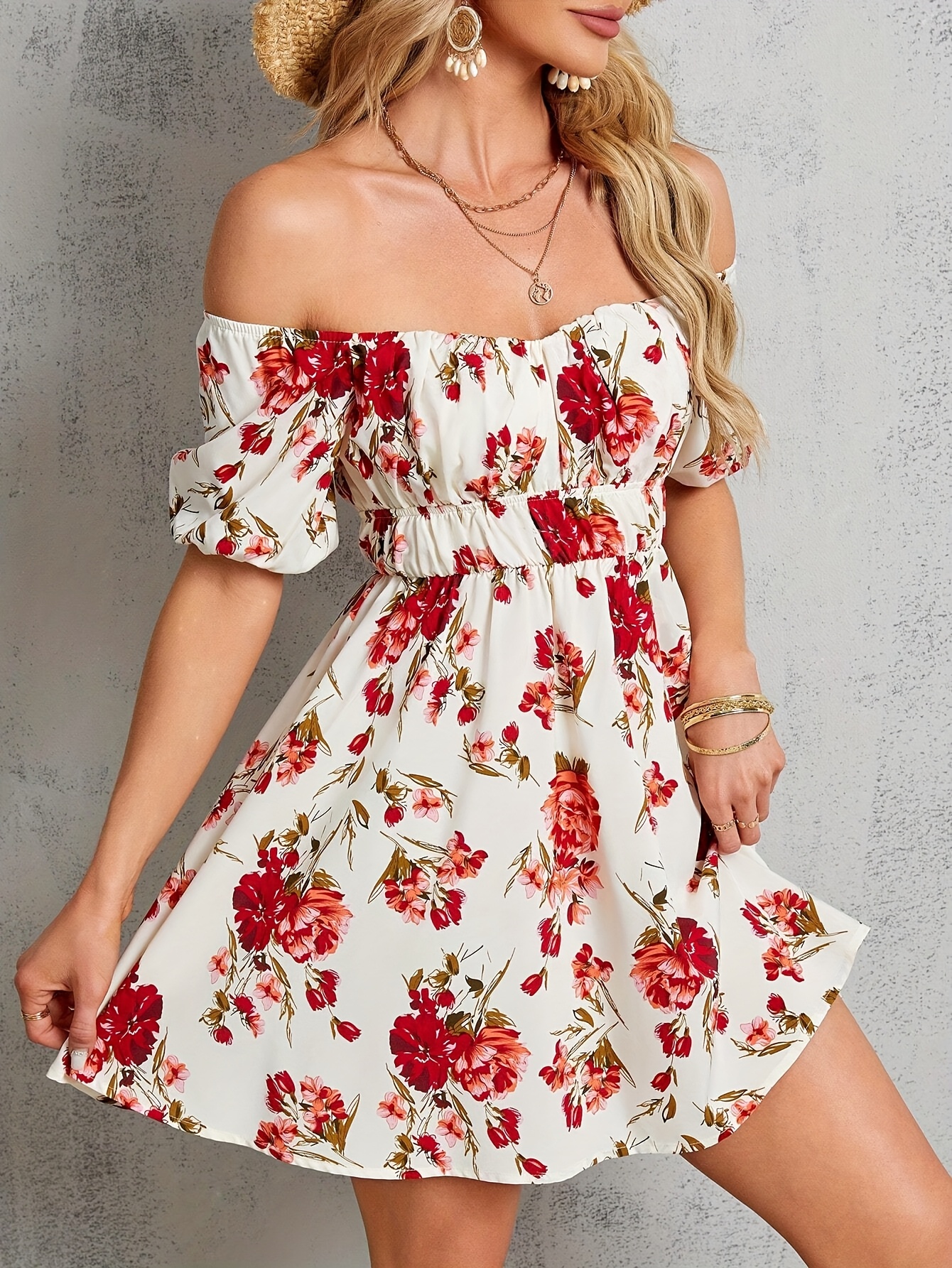 Women'S Off-Shoulder Floral Print Dress - Elegant Ruffle Trim, Knee-Length  Breeze * Spring/Summer/Fall, White with Red Flowers, Floral Dres