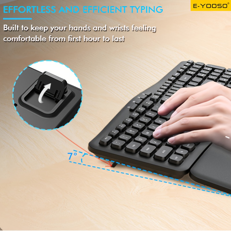 E-YOOSO 2.4G Wireless Keyboard and Mouse Set with Receiver and Wrist Rest, Ergonomic Low Battery Alert, Self-sleep Mode, Silent Key Operation, Comfortable Gaming and Office Dual-purpose Keyboard and Mouse Set (without Battery)
