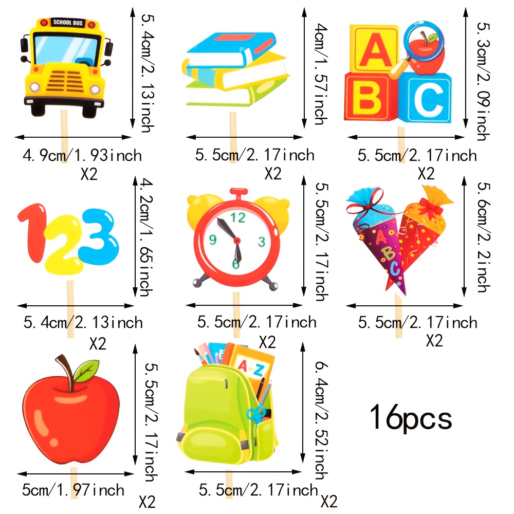 16pcs Back To School Cupcake Toppers Decorations, First Day Of School Cupcake Picks, Letter Alarm Clock Bookbag Cake Decorations, Welcome Back To School Theme Party Cake Decorating Supplies