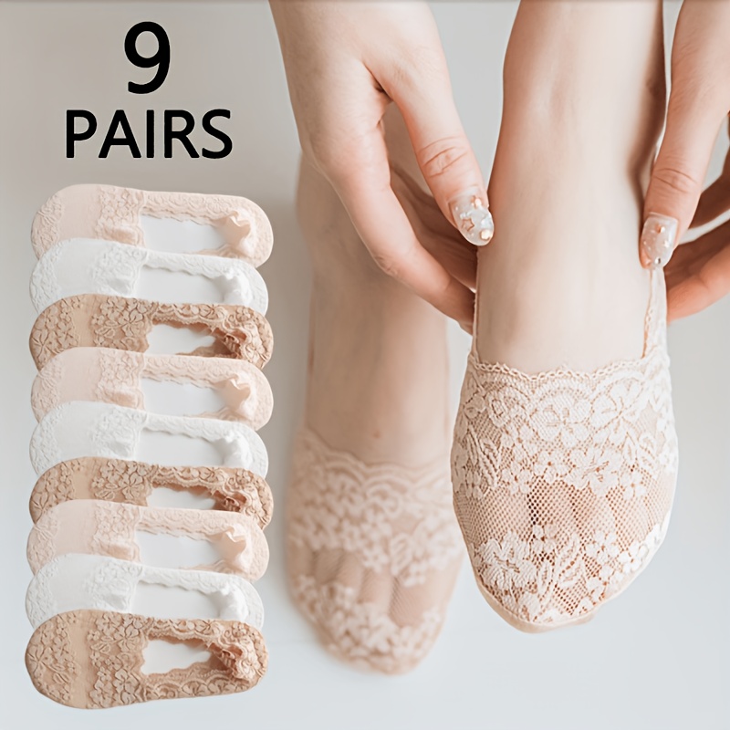 TEMU 9 Pairs Women's Floral Lace Liner Socks, Breathable Anti-slip Low-cut Invisible Ankle Socks