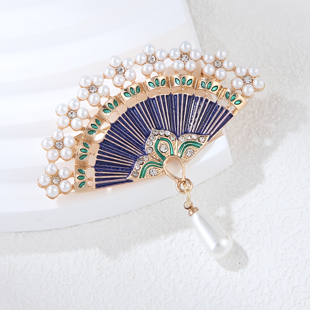 Chinese Style Vintage Bamboo Fan Pendant Brooch with Imitation Pearls