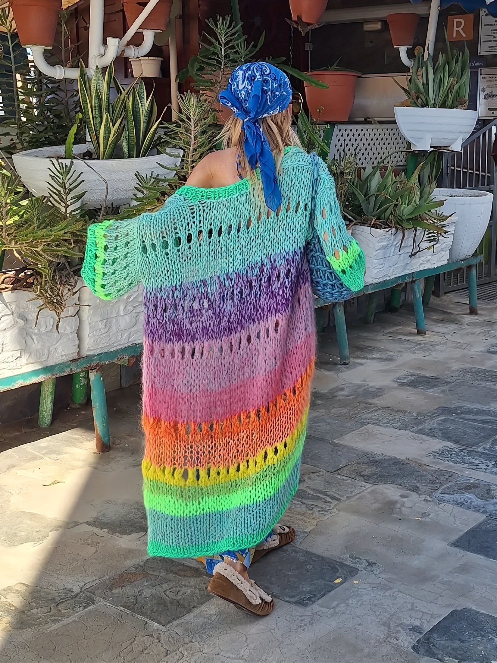 women's vintage rainbow striped hand knit cardigan Temu Pakistan