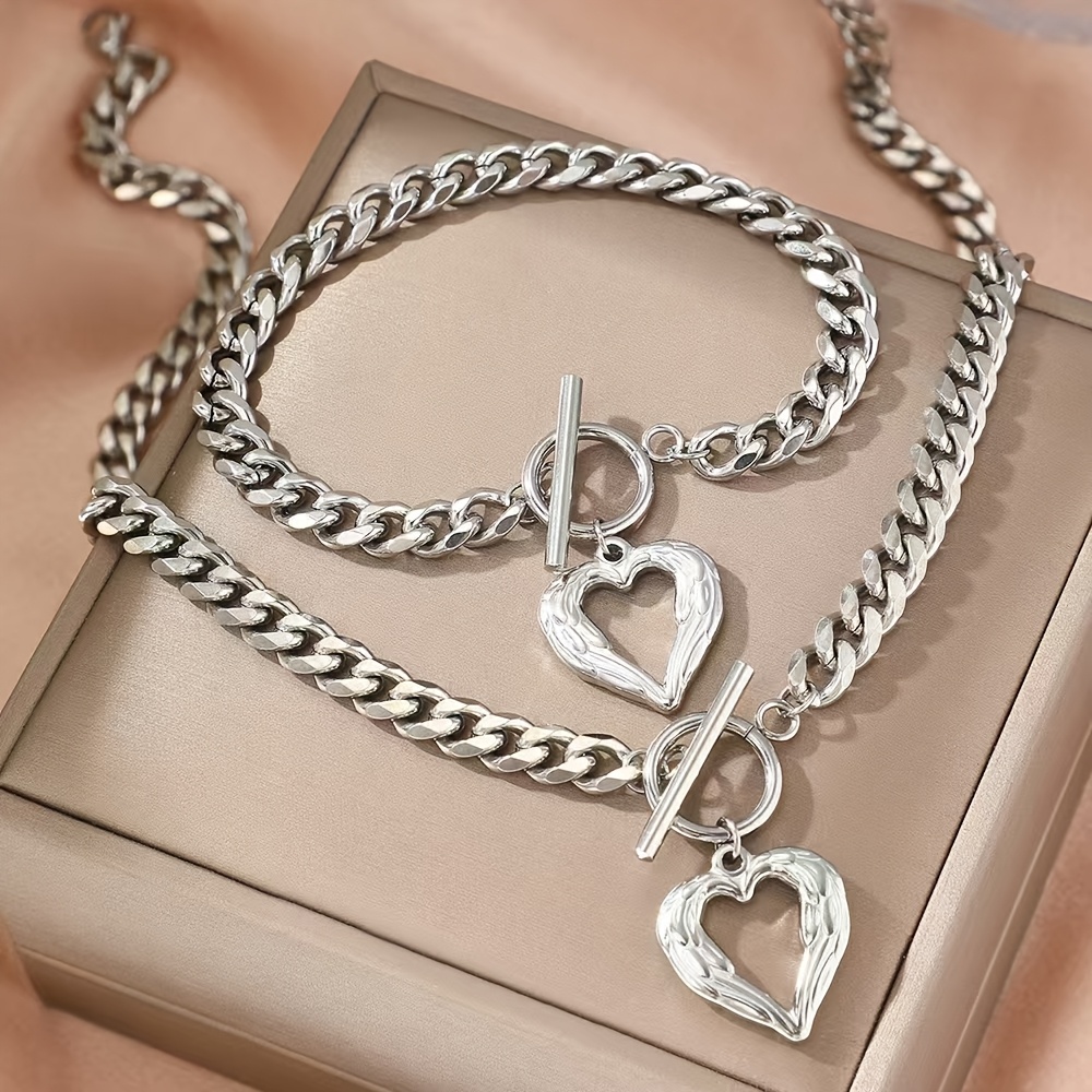Image of 2pcs Elegant Cute Unisex Stainless Steel Floral Heart Pendant Ot Clasp Design Casual Party Versatile Wear Bracelet Necklace Set