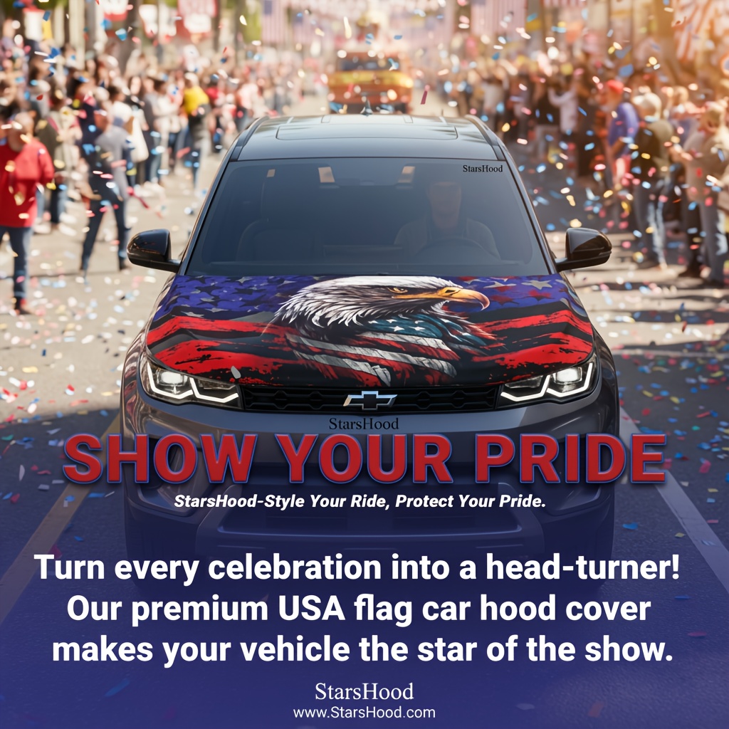 TEMU Elastic Fabric Cover For Car Hoods Featuring An American Flag And Eagle Design, Designed Area Of Trucks And Suvs