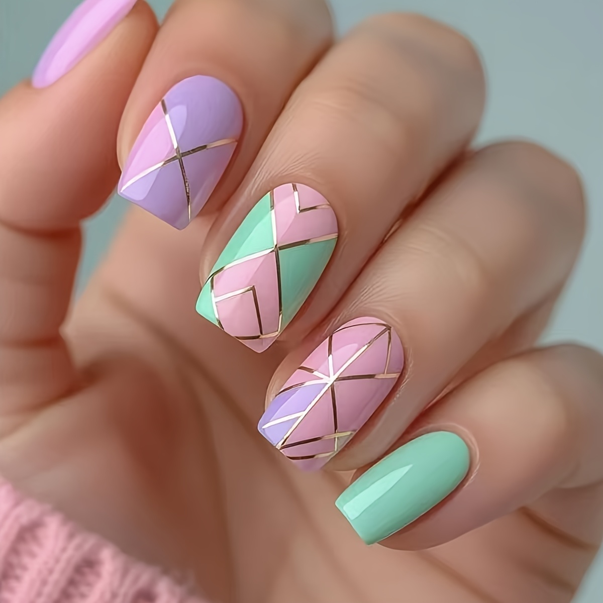 TEMU 24pcs Mid-length Wearable Nails Sweet Striped Color-block Pattern False Nail Patches Gradient False Nail Patches Wearable Nails Convenient For
