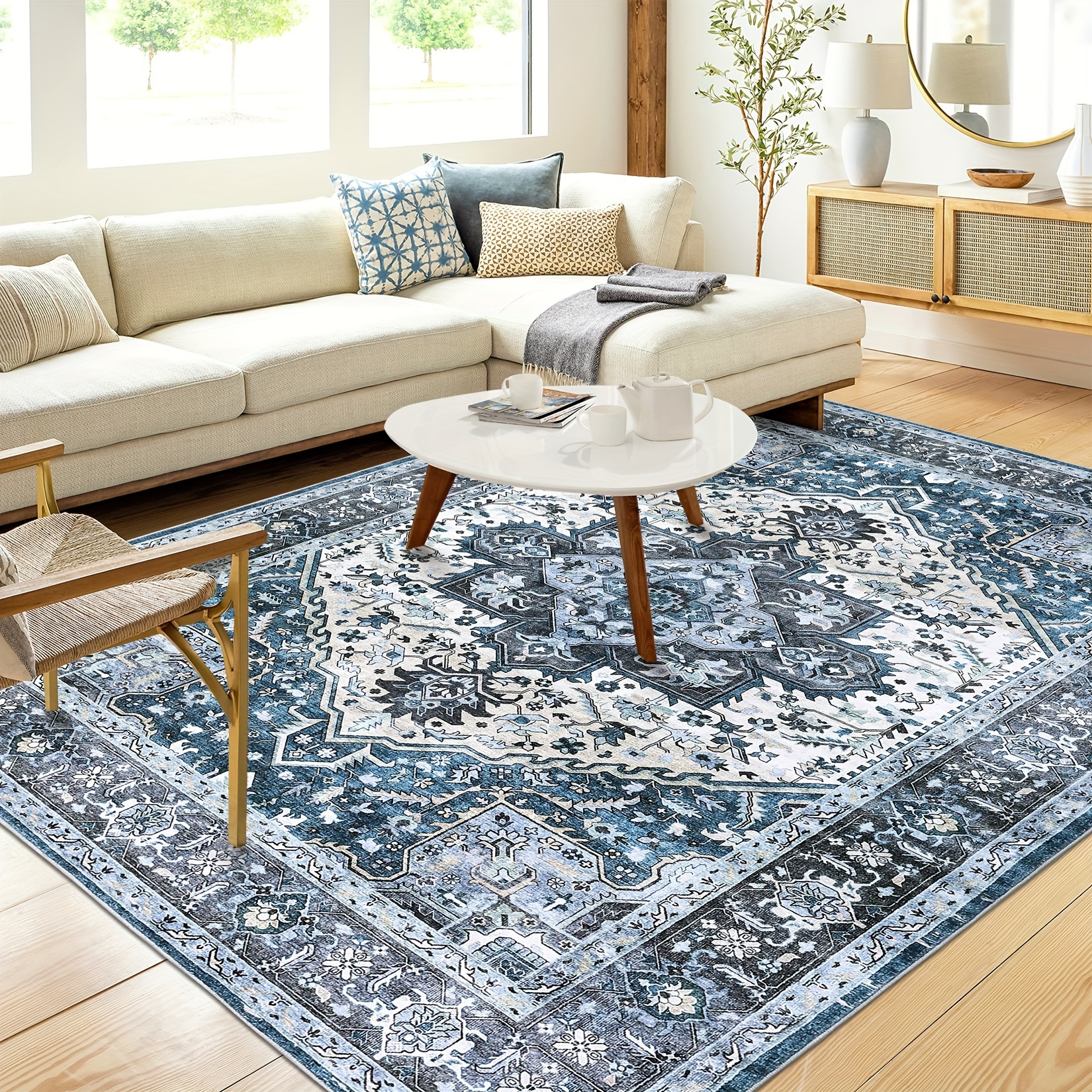 

1 Pc Area Rugs For Living Room Bedroom Rug Machine Washable Vintage Rug Boho Floral Distressed Rug Anti-slip Low Pile Non-shedding Throw Carpet For Office Oriental Accent Rug, Blue Grey