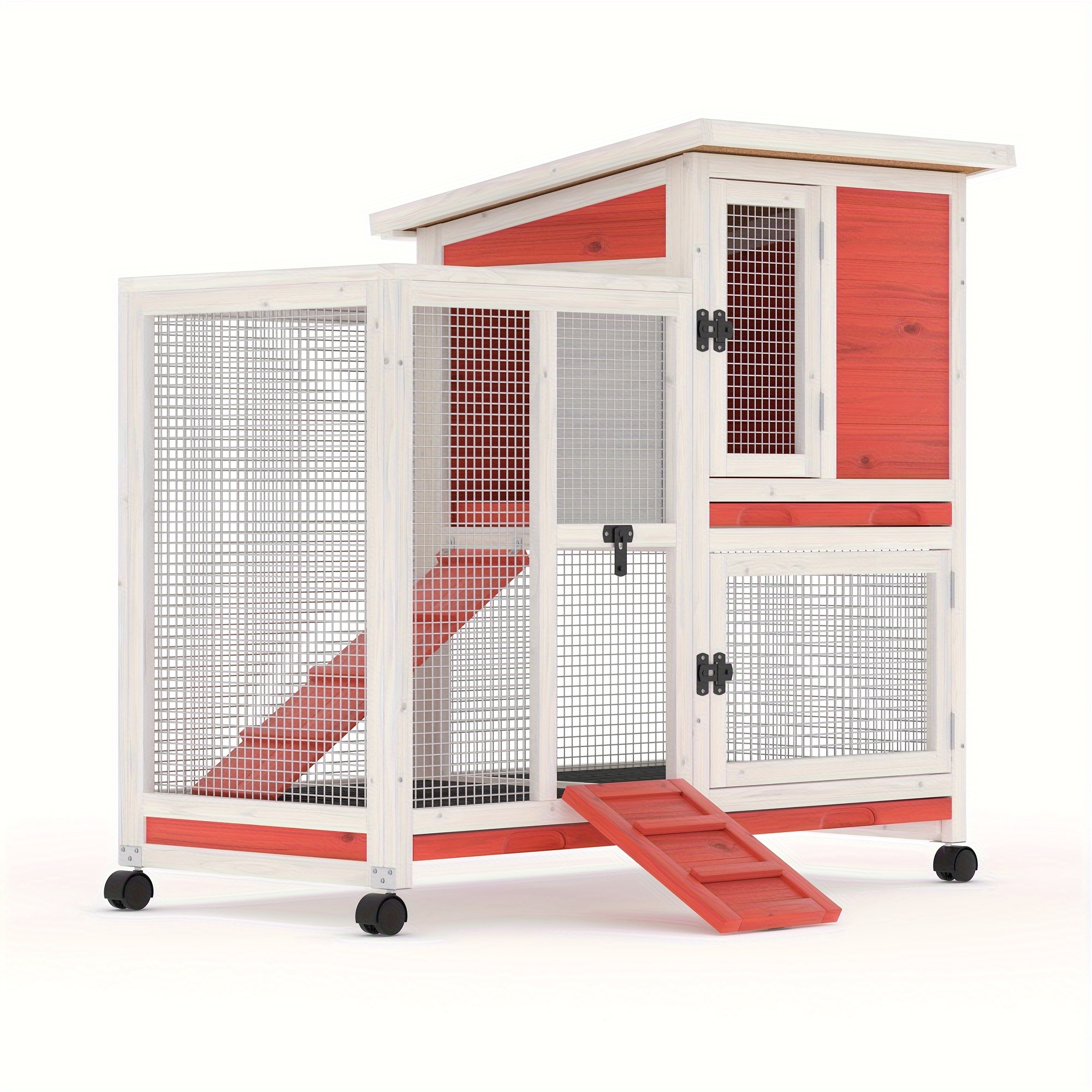 rabbit hutch indoor chicken coop outdoor with 3 removable tray 2 story rabbit house with running cage waterproof bunny cage with ramp wheels wooden guinea pig cage for small animals