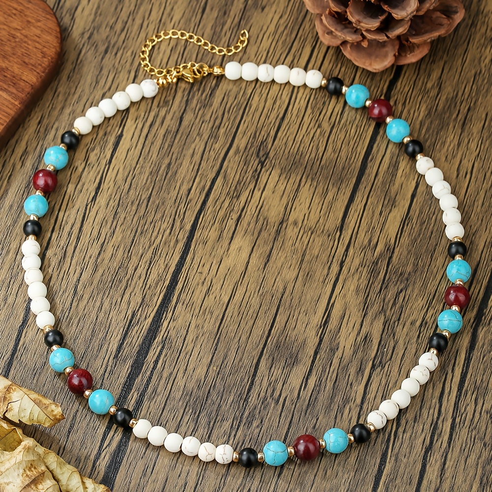 TEMU 1pc Men's Bohemian Beaded Choker Necklace With White/green 's Eye Beads & Clasp - Suitable For Daily Wear, Rock Music, Beach Parties, Gift For