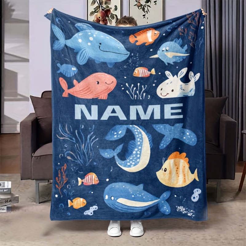 

Customizable Marine Animals Flannel Throw Blanket, Contemporary Style, Knitted Polyester, Cozy , Use For Bed And Couch - Personalized Name