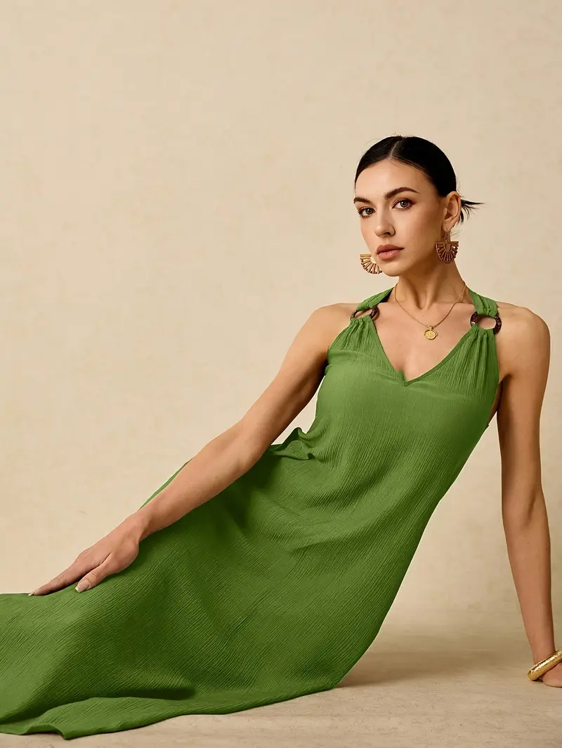 elegant green sleeveless maxi dress women v neck ring detail - Temu Mauritius elegant green sleeveless maxi dress women v neck ring detail - Temu Mauritius