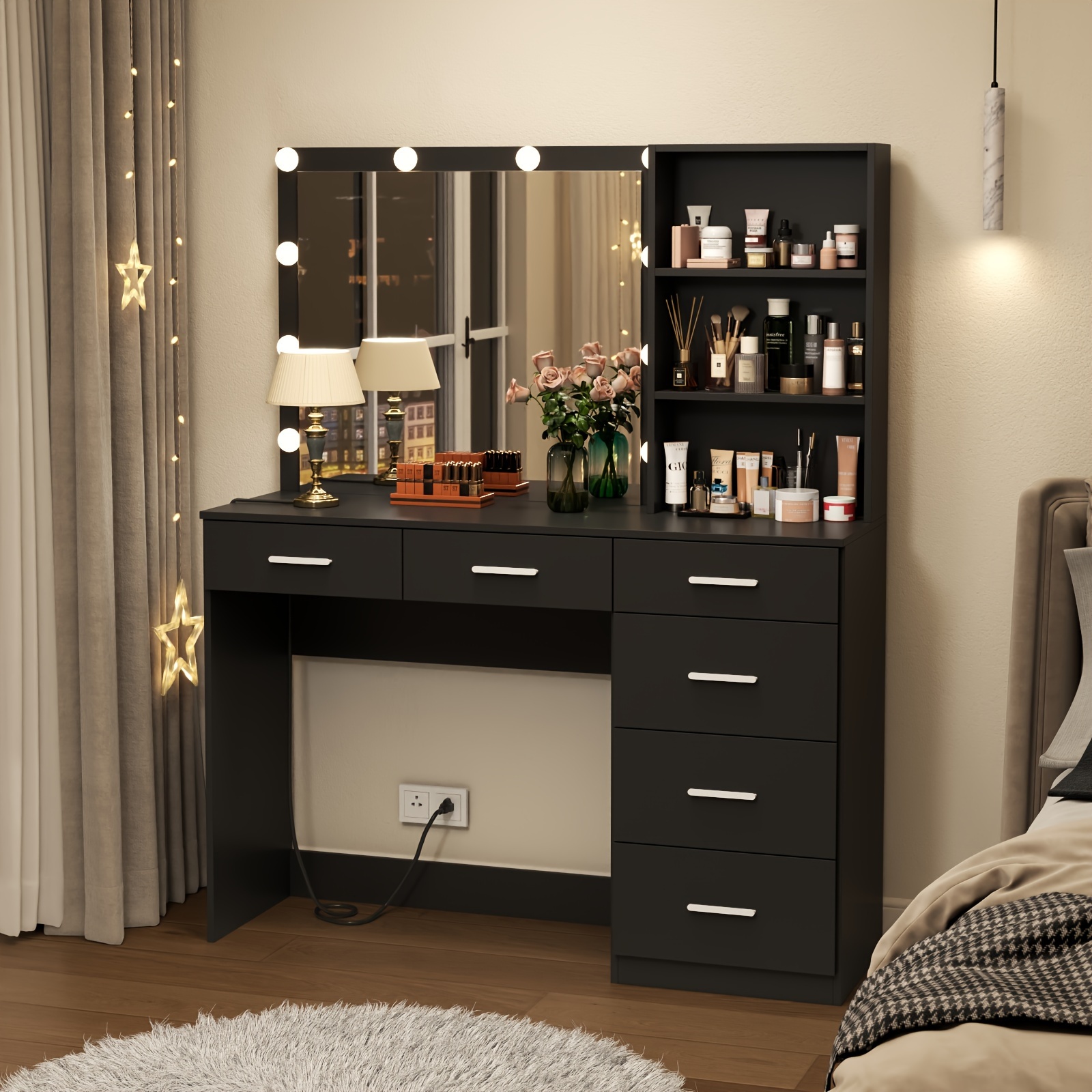 

Vanity Desk With Storage Shelves, 6-drawers Makeup Vanity Table With Mirror