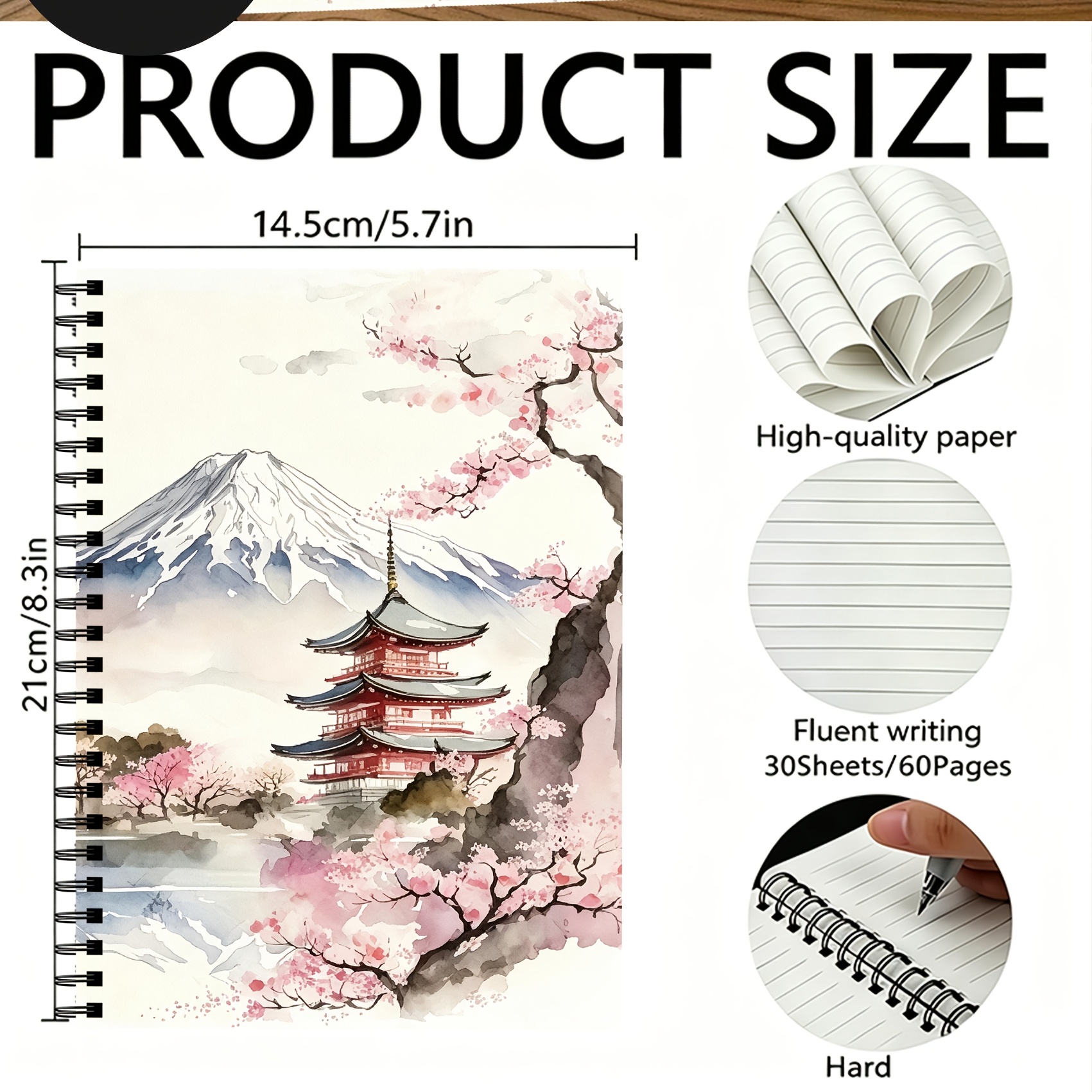 TEMU Cahier à spirale ligné, cahier à spirale paysage d'aquarelle japonaise - Design élégant du , des et des pagodes, avec une couverture de style