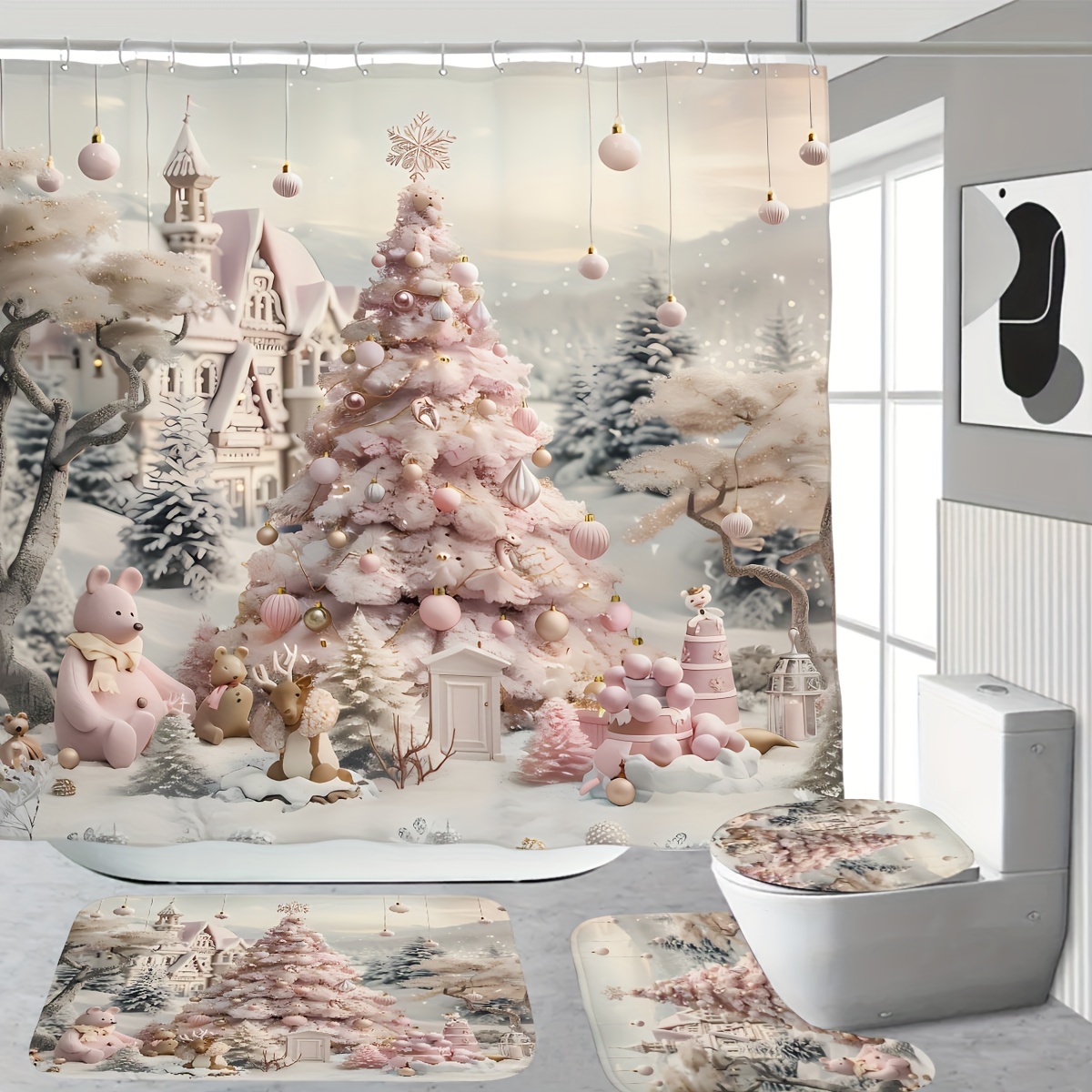 

Christmas Curtain Set And , , , Polyester, , Non-bleach, And , Includes Bath Mat, Lid , And 12 Plastic