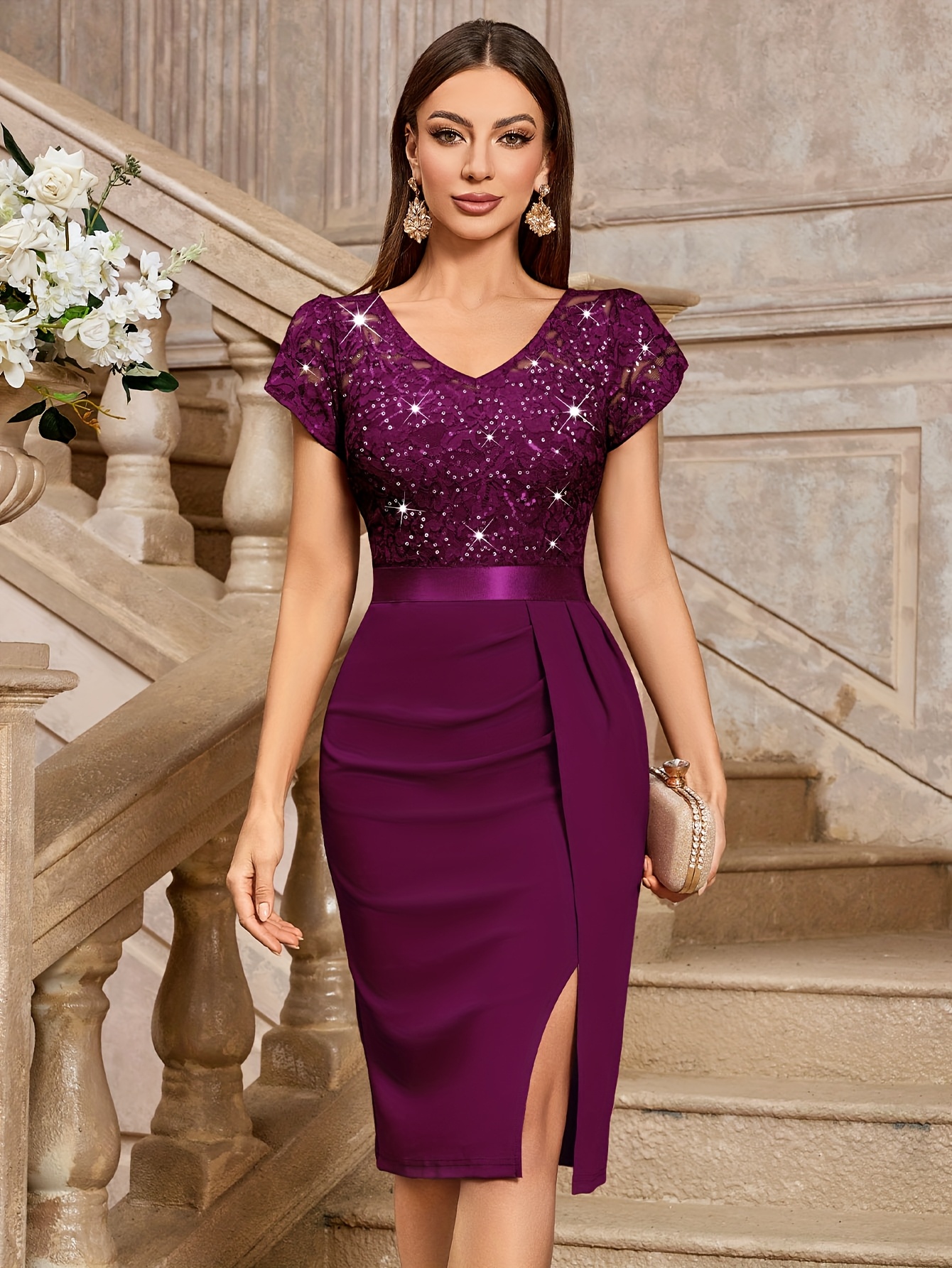 54347a womens elegant v neck sequin floral lace dress cap - Temu