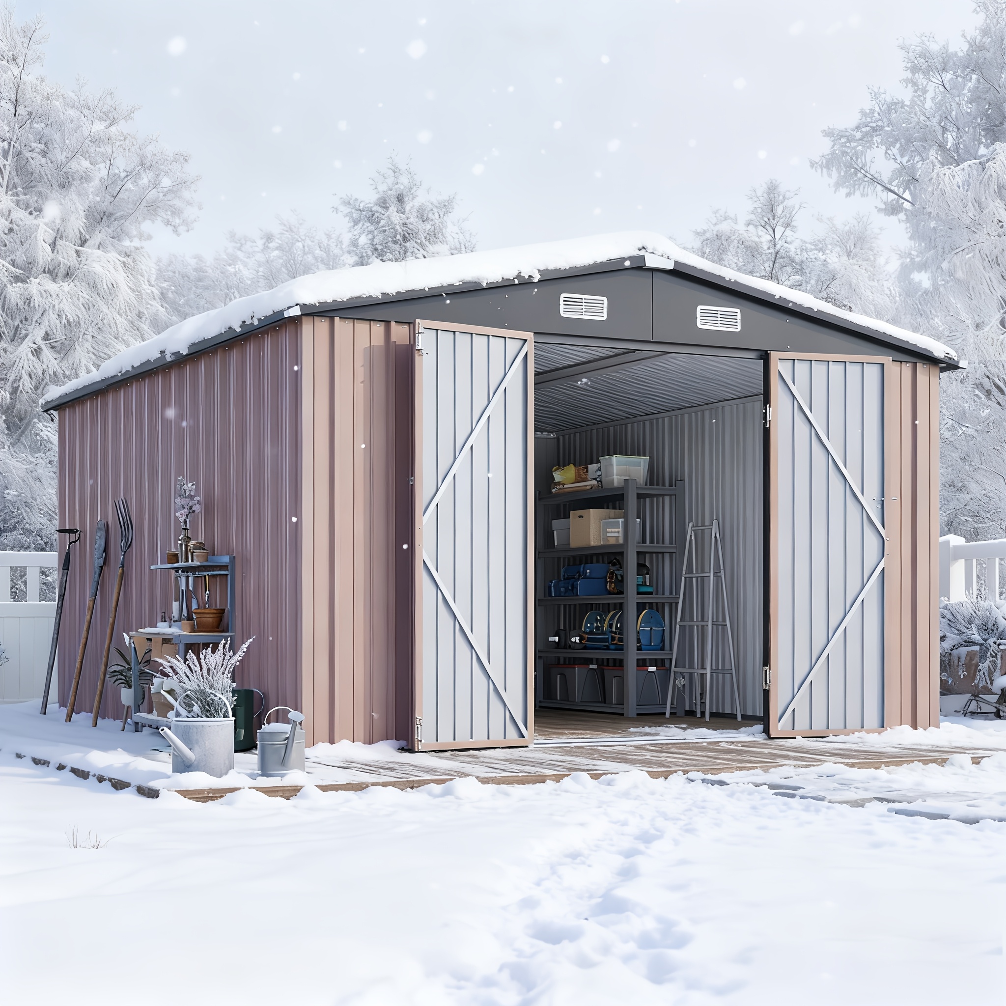 TEMU 20'X12'/14'X12'/10'X8' Réservoirs de Rangement Extérieurs en Métal - Grand Réservoir Métallique pour Outils de Jardin, Réservoir Garage avec