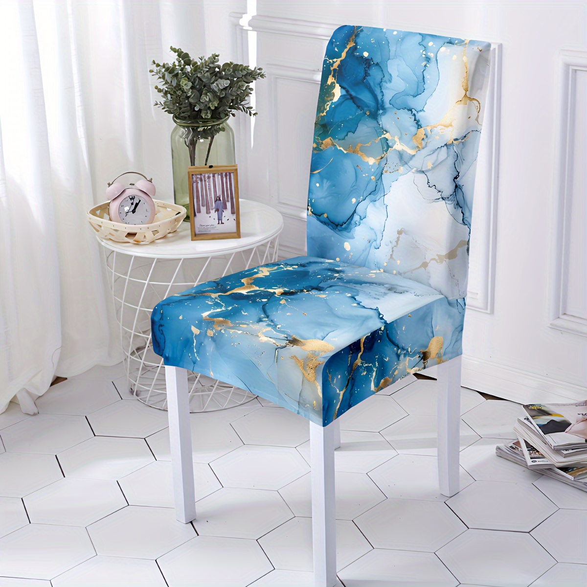 

Elegant Blue & Golden Marble Dining Chair Covers - 4/6pcs Set, Stretchable & Washable Milk Silk Fabric, Perfect For Dining, Kitchen, Banquet, Living Room Decor