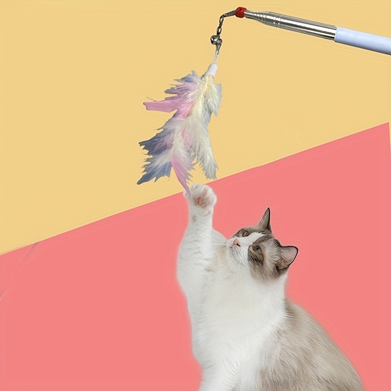 Retractable Bell Feather (Artificial Material) Cat Teaser Wand, Quickly Attracts Cat'S Attention, 4 Colors Available, Without Battery