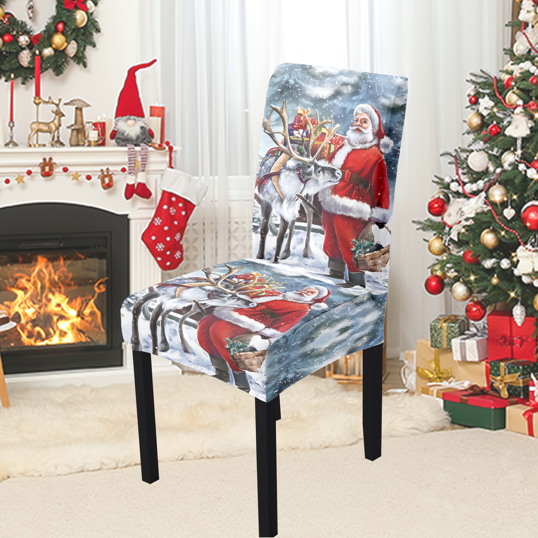 

Classic Christmas Chair Slipcovers Set Of 4/6, Santa And Reindeer Print, , Machine Washable, Fabric, Spandex/polyester, Holiday Decorative Chair Covers, And Reusable