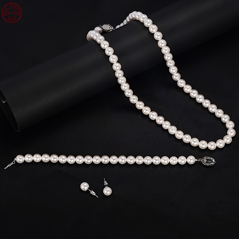 925 silver freshwater pearls   3pcs set necklace bracelet earrings daily wear valentines day anniversary gift christmas gift for family complimentary gift box Product details 2