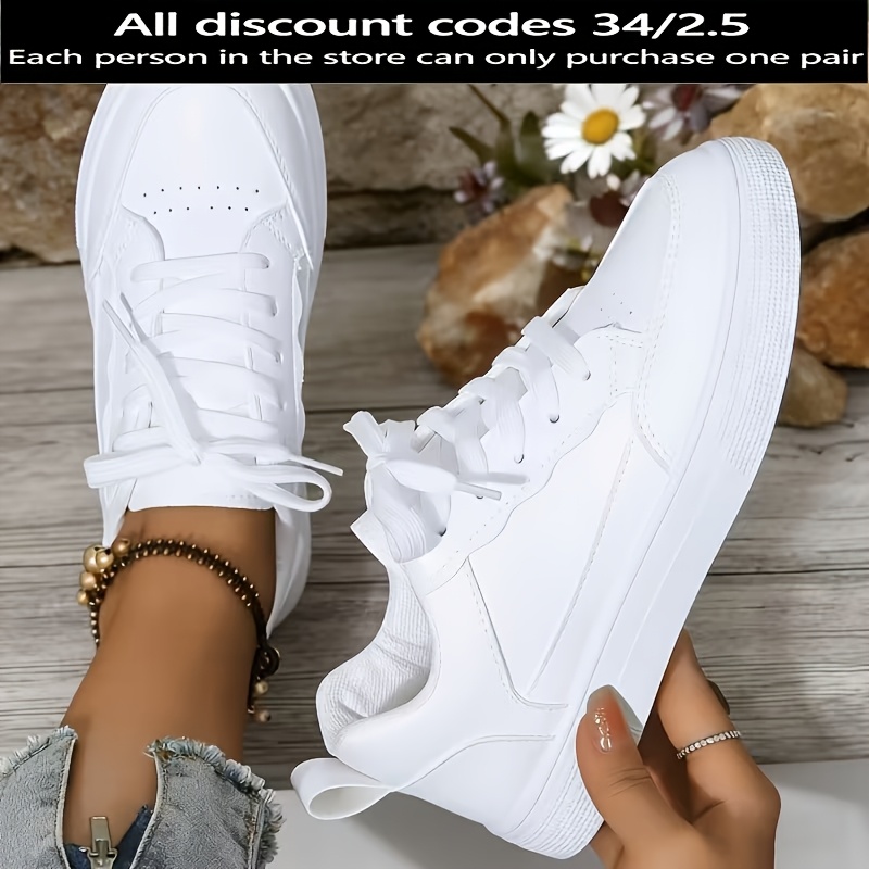 TEMU Women' Lightweight Breathable Sneakers - Mid-top Lace-up Solid Color White Sneakers Suitable For Running, Skateboarding, Walking, Gym & Casual